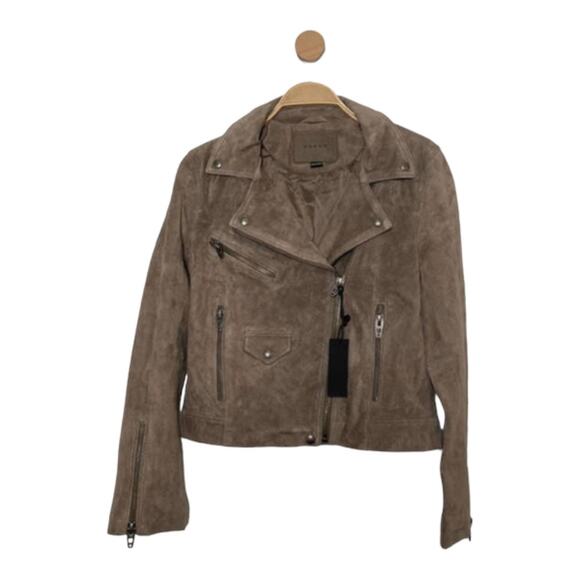 NEW BLANKNYC WOMENS TAUPE LEATHER LONG SLEEVE COLLARED HOODED MOTO JACKET SIZE S - Picture 1 of 9